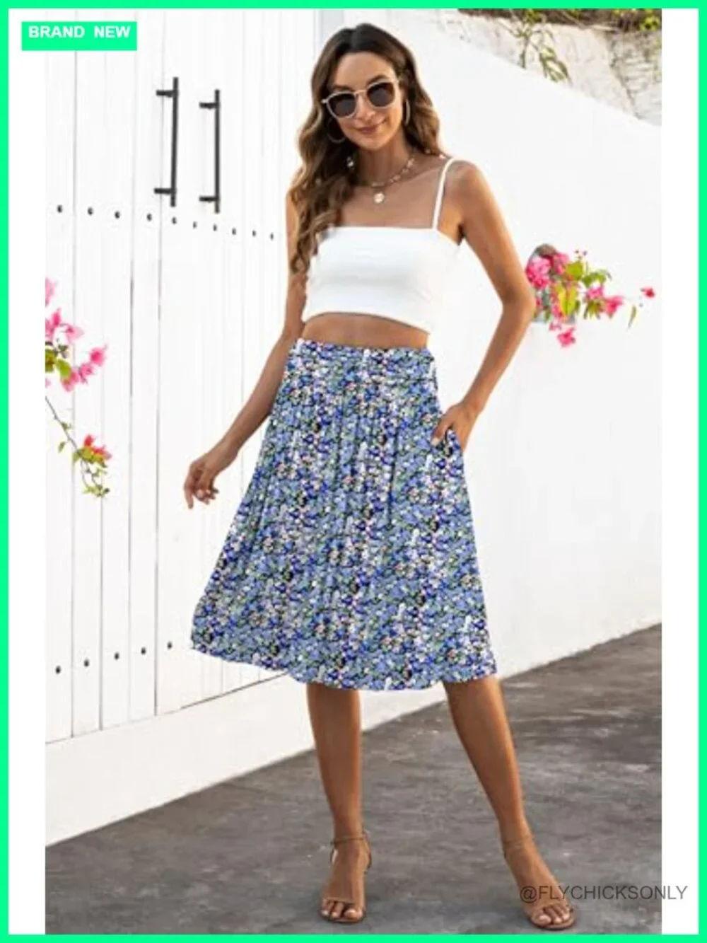 Flowy A-Line Midi Skirt with Pockets Elastic High Waisted Pleated